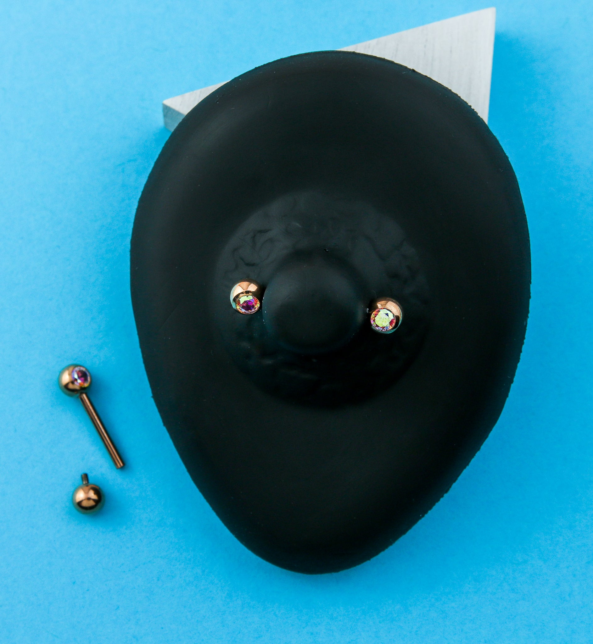 Rose Gold PVD Rainbow Aurora CZ Ball Internally Threaded Titanium Nipple Barbells