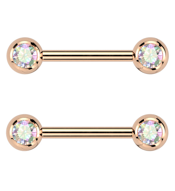 Rose Gold PVD Rainbow Aurora CZ Ball Internally Threaded Titanium Nipple Barbells