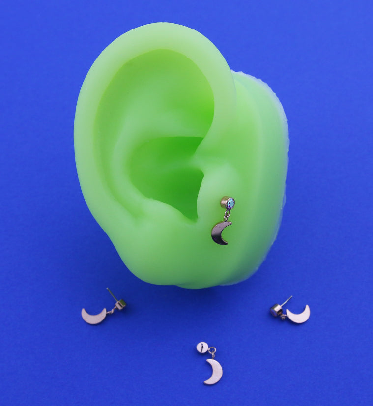 Rose Gold PVD Rainbow Aurora CZ Dangle Crescent Moon Titanium Threadless Top