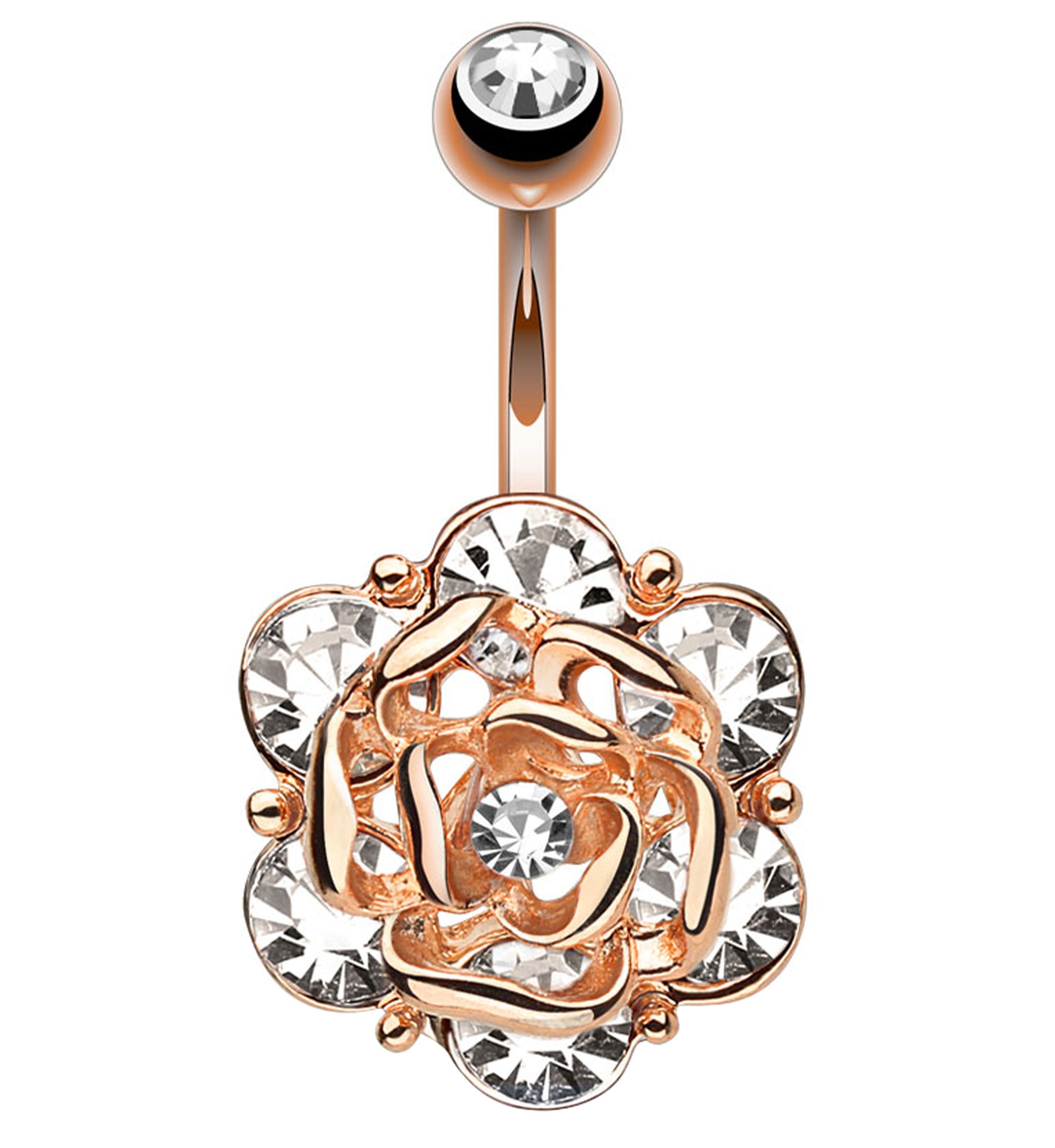 Rose Gold PVD Rosebud With Clear CZ Belly Button Ring