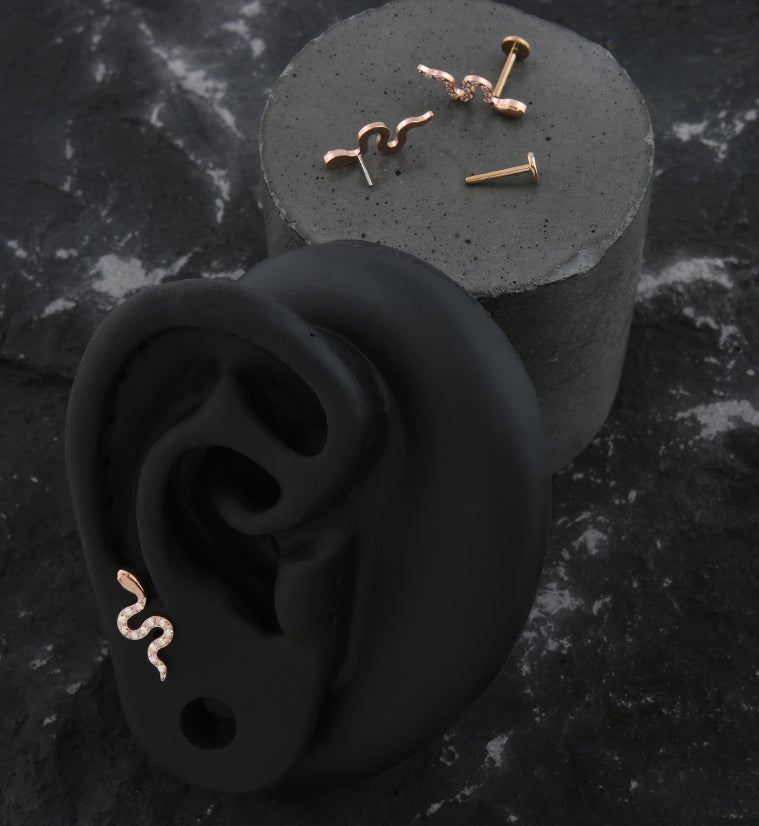 Rose Gold PVD Snake Rainbow Aurora CZ Threadless Titanium Labret