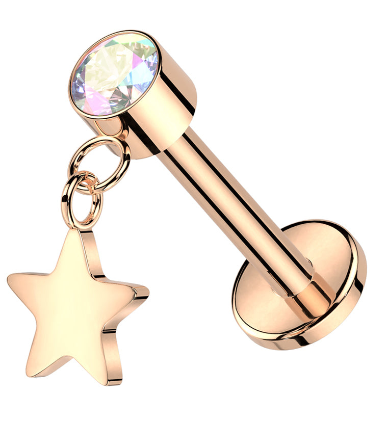 Rose Gold PVD Star Dangle Rainbow Aurora CZ Titanium Threadless Labret