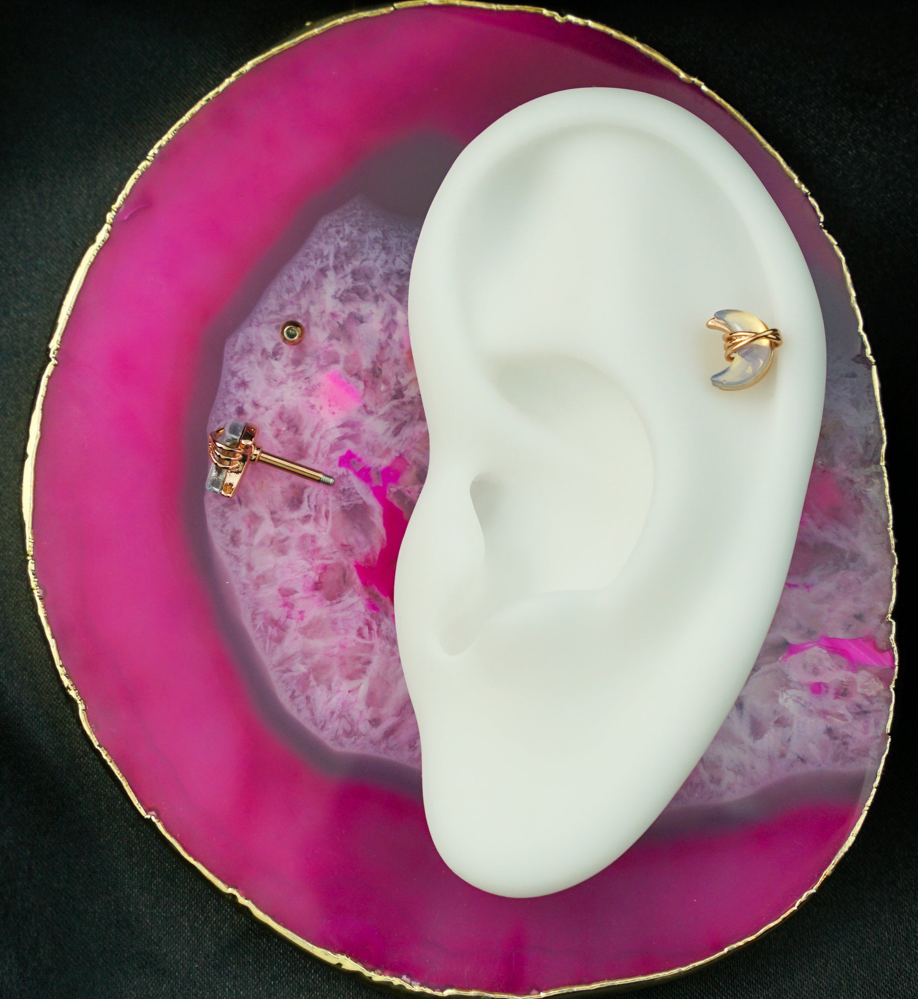 Rose Gold PVD Wrapped Crescent Moon White Opalite Cartilage Barbell