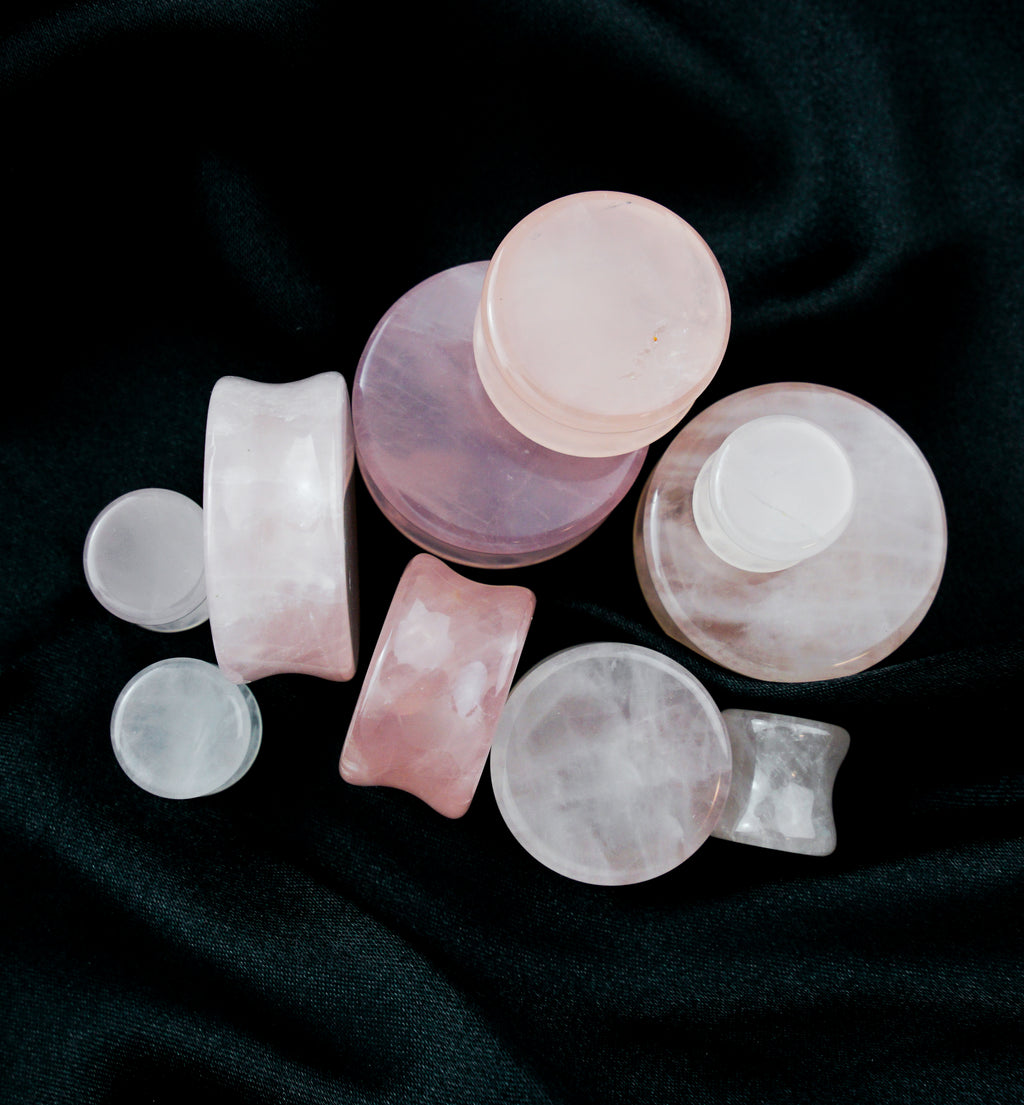 Genuine Rose Quartz Stone Ear Plugs - Single Flare Organic Plugs For Stretched Ears - Lex & Lu