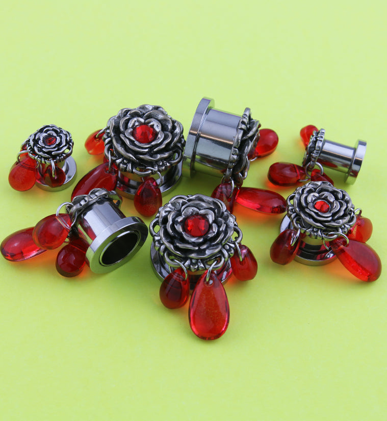 Rose Red Glass Teardrop Dangle Stainless Steel Screw Back Tunnel Plugs