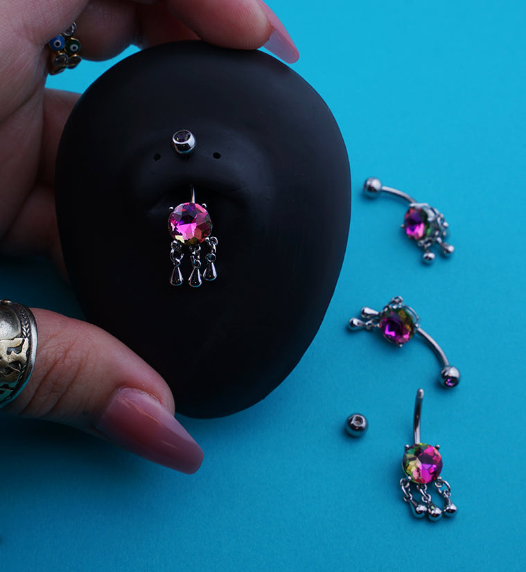 Round Black Aurora CZ Dangle Drops Stainless Steel Belly Button Ring