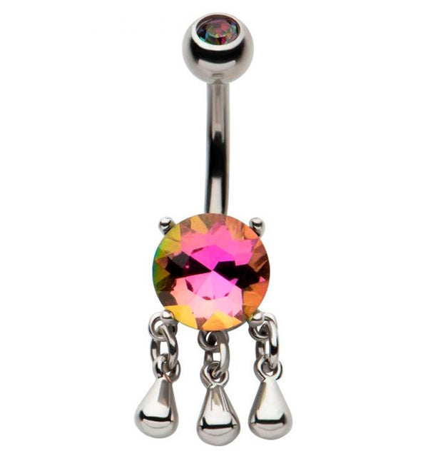 Round Black Aurora CZ Dangle Drops Stainless Steel Belly Button Ring