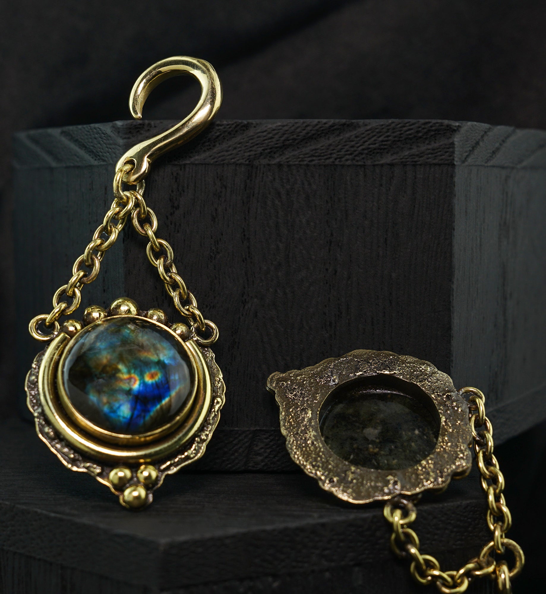 Round Disk Labradorite Stone Hanging Brass Ear Weights