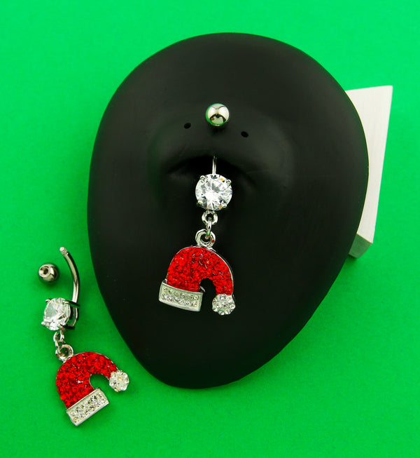Santa Hat Dangle Red CZ Stainless Steel Belly Button Ring