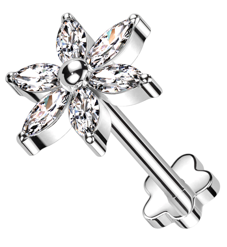 Senary Flower Clear CZ Flower Back  Threadless Titanium Labret