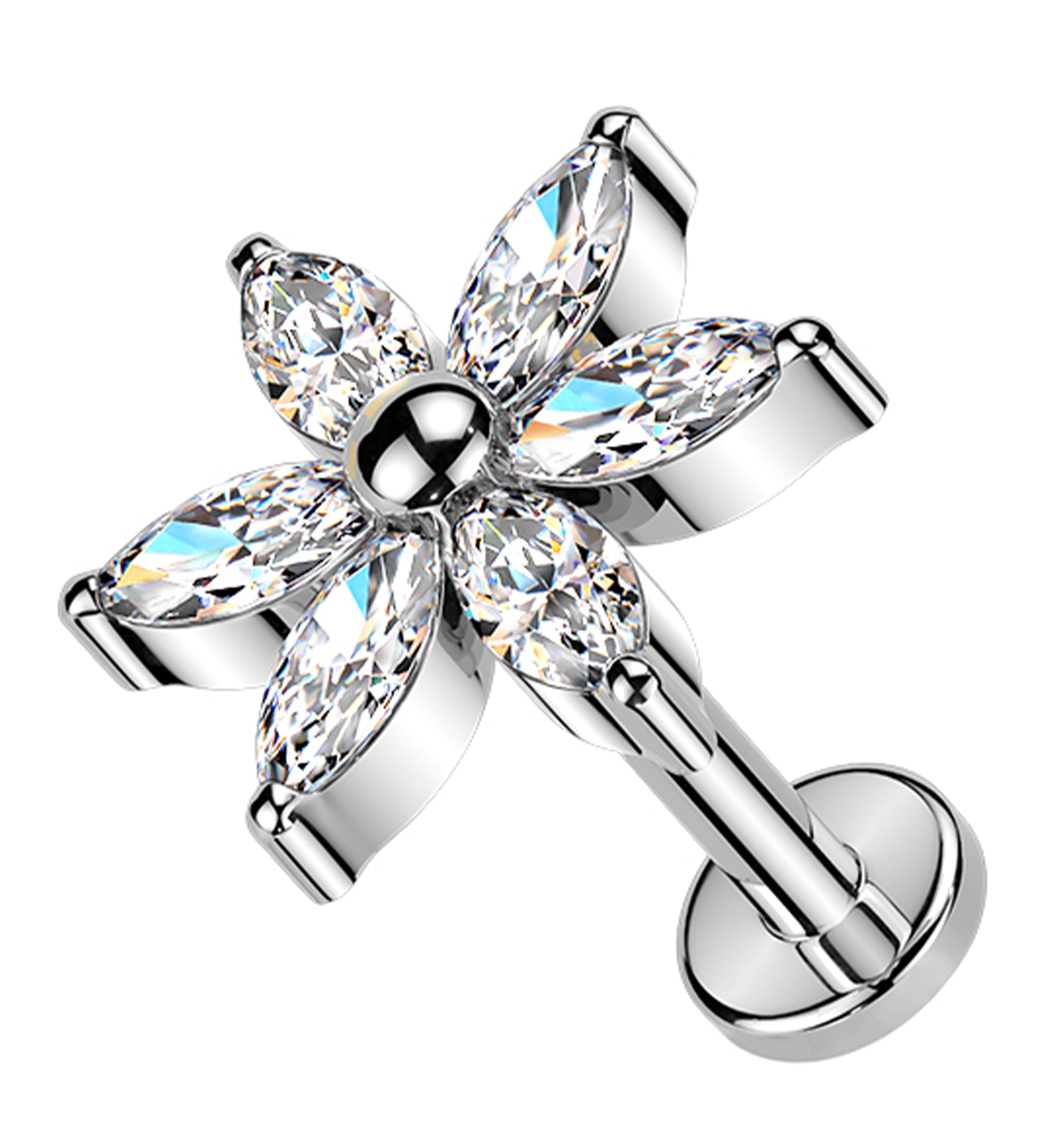 Senary Flower Clear CZ Threadless Titanium Labret