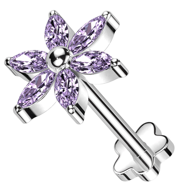 Senary Flower Purple CZ Flower Back Threadless Titanium Labret