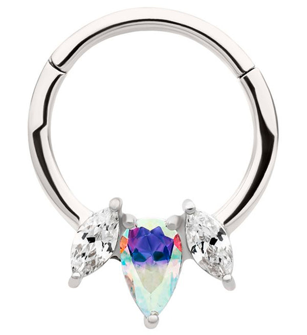 Sepal Clear And Rainbow Aurora CZ Stainless Steel Hinged Segment Ring
