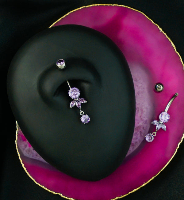 Sepal Dangle Amethyst Purple CZ Internally Threaded Titanium Belly Button Ring