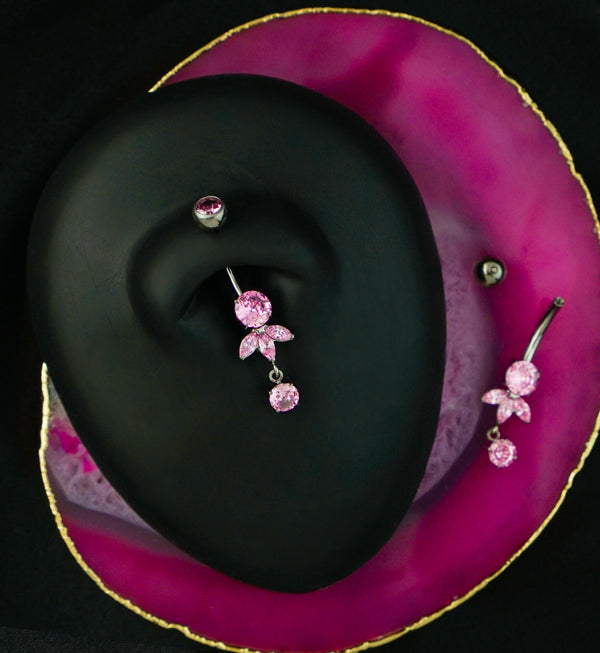 Sepal Dangle Pink CZ Internally Threaded Titanium Belly Button Ring