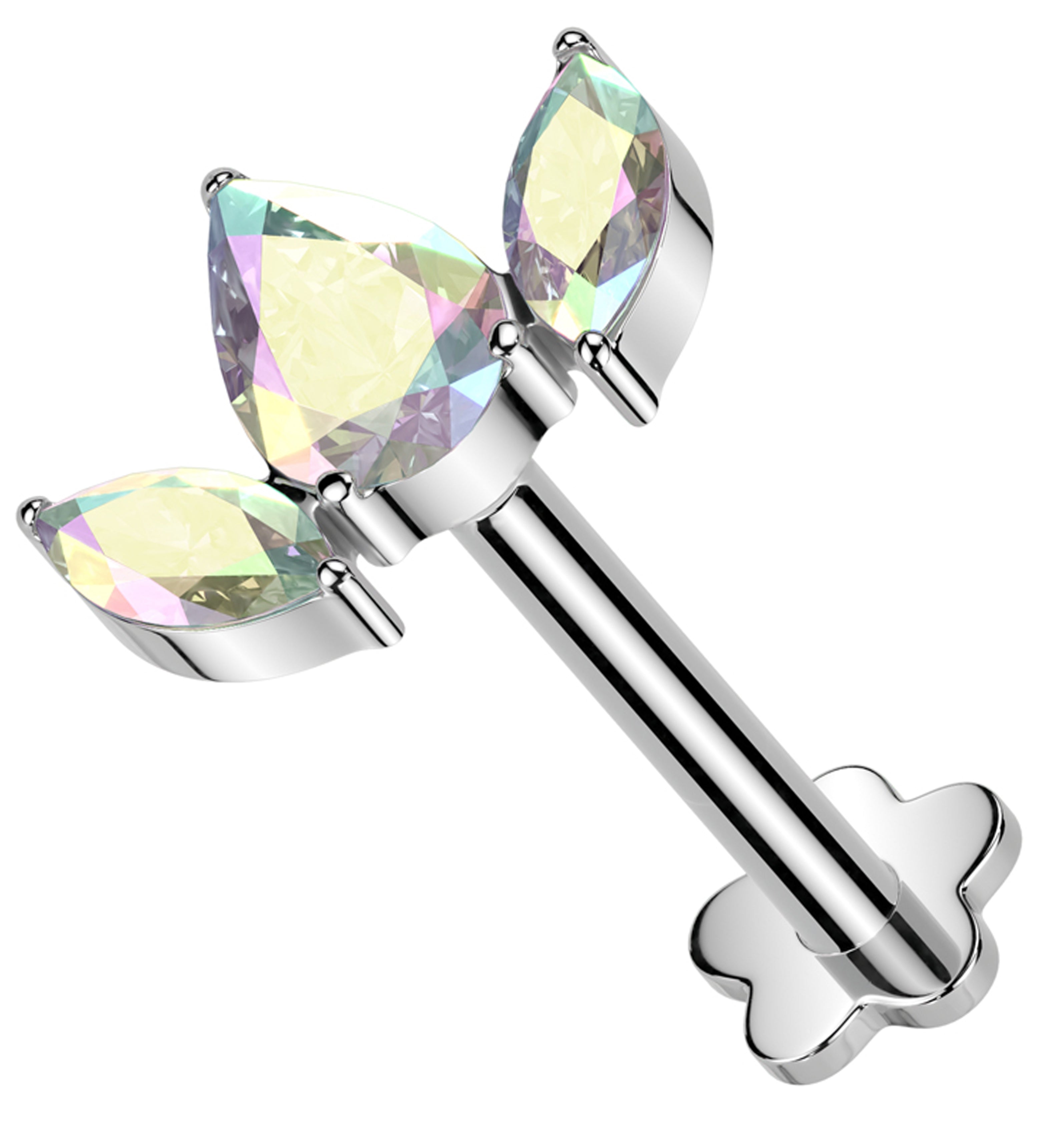 Sepal Rainbow Aurora CZ Flower Back Titanium Threadless Labret
