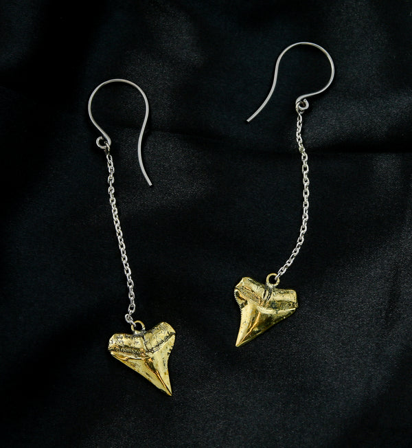 Shark Tooth Brass Dangle Chain Titanium Earrings