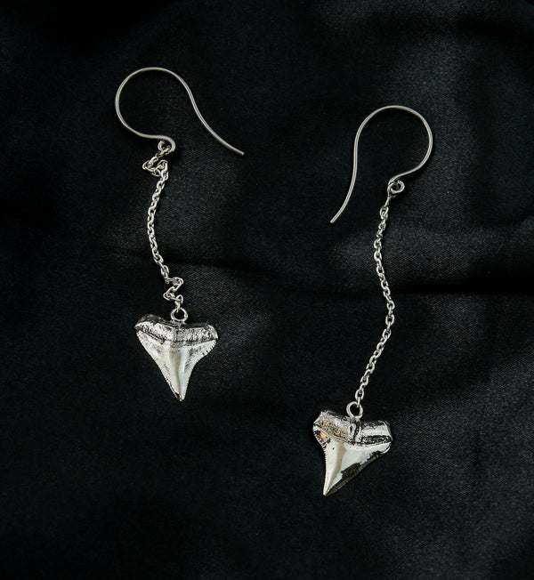 Shark Tooth White Brass Dangle Chain Titanium Earrings