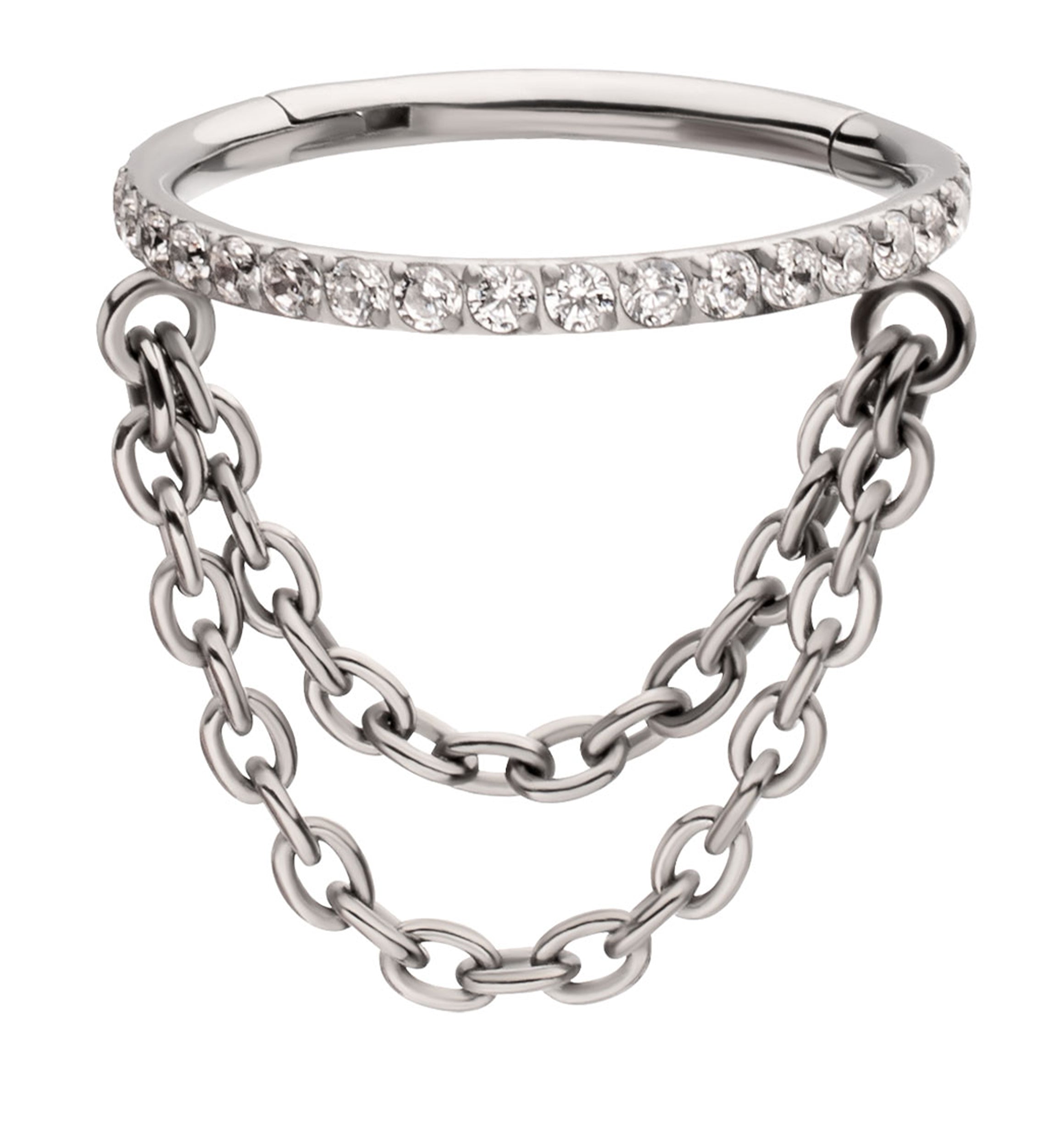 Side-Facing Clear CZ Row Double Dangle Chain Hinged Segment Ring