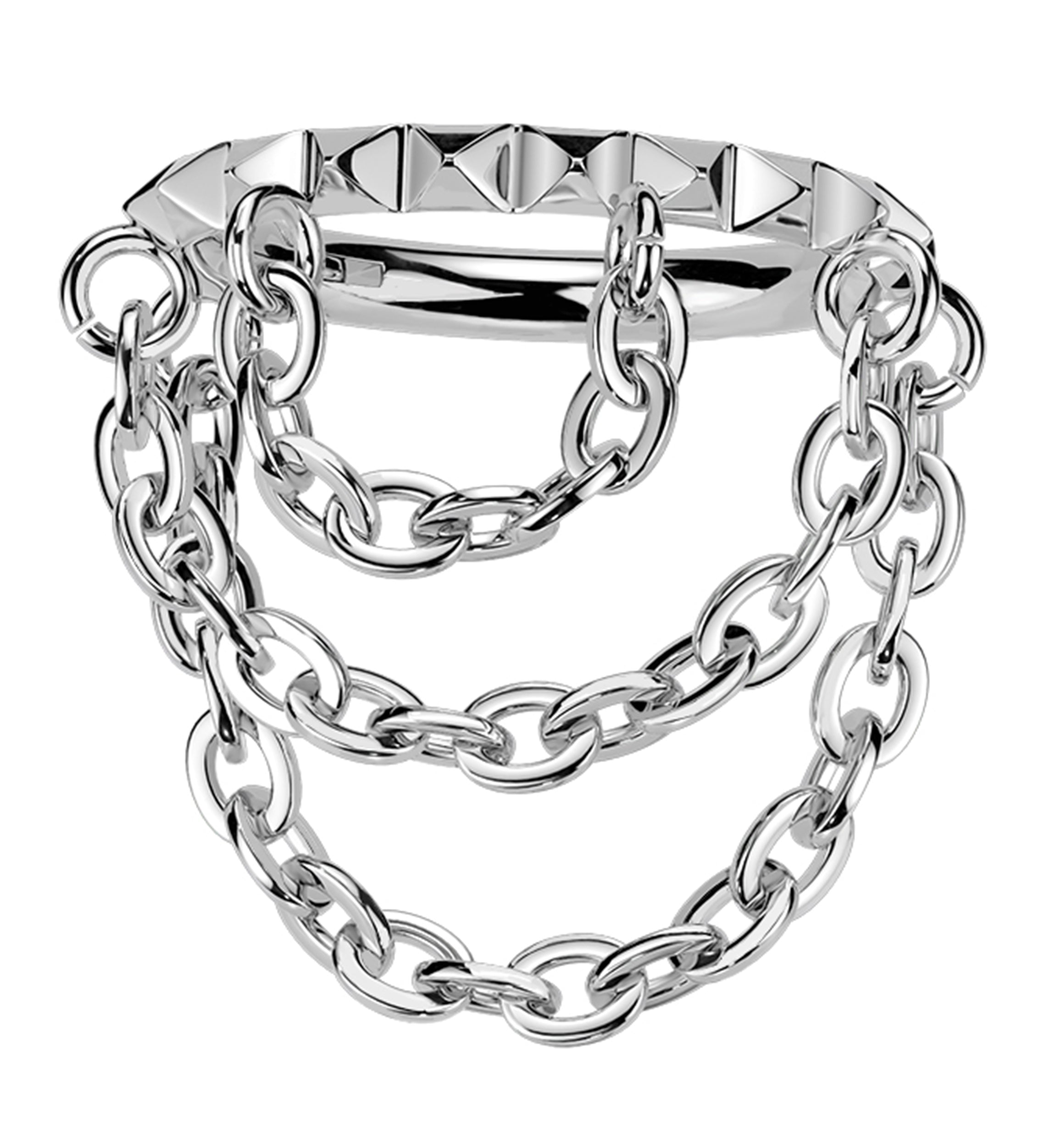 Side-Facing Polyhedra Row Triple Dangle Chain Hinged Segment Ring