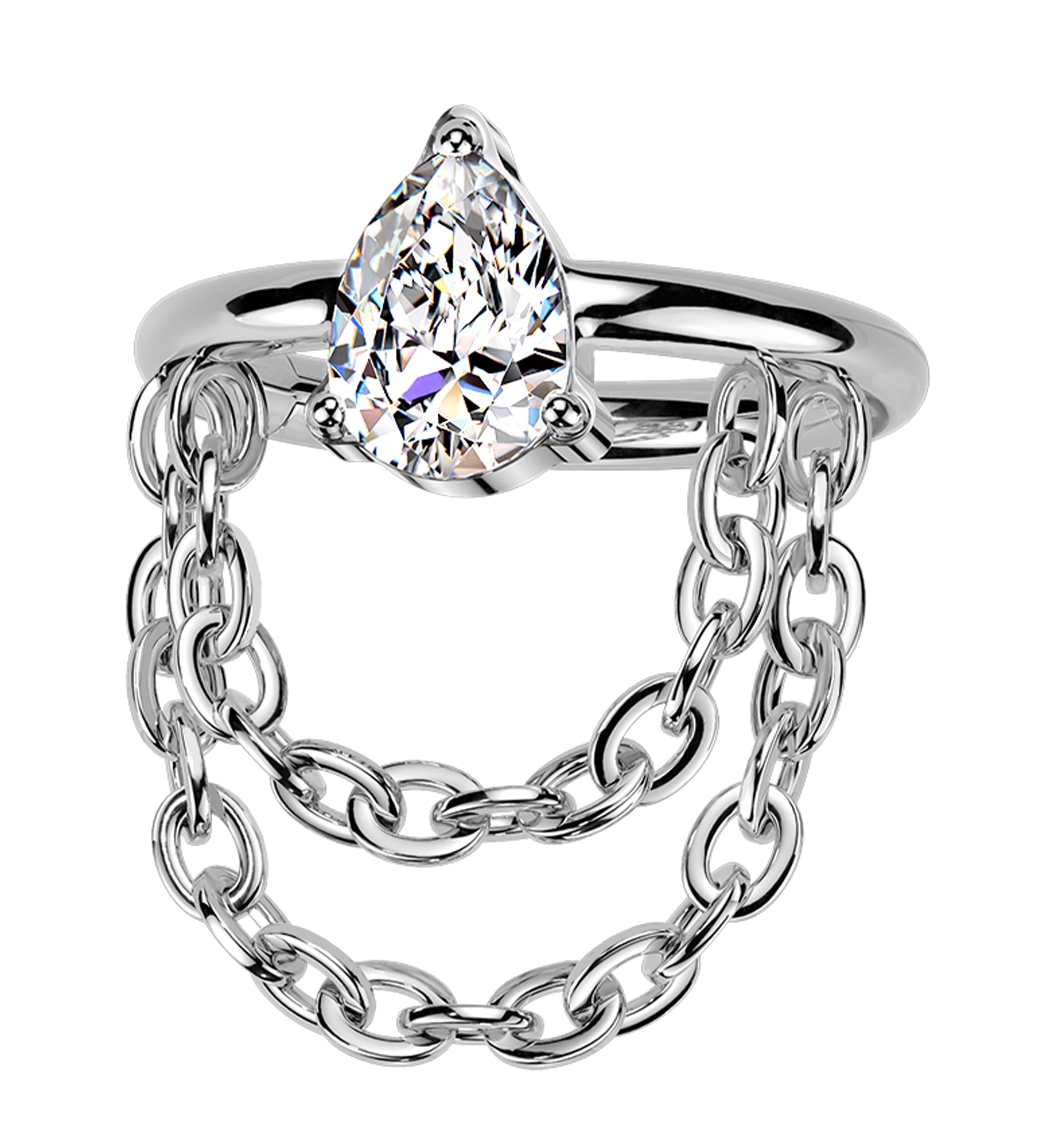 Side-Facing Teardrop Clear CZ Double Dangle Chain Hinged Segment Ring