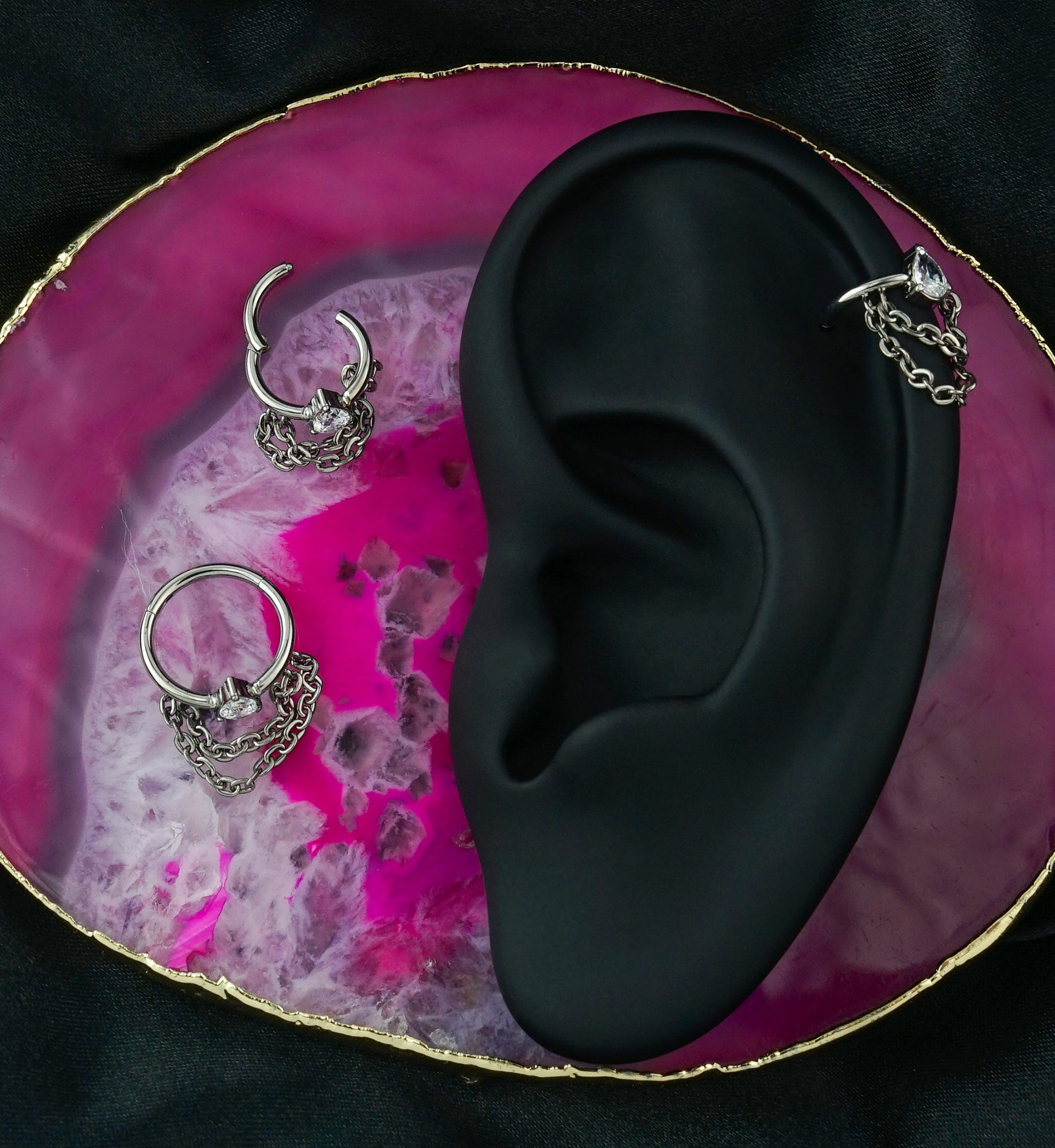 Side-Facing Teardrop Clear CZ Double Dangle Chain Hinged Segment Ring