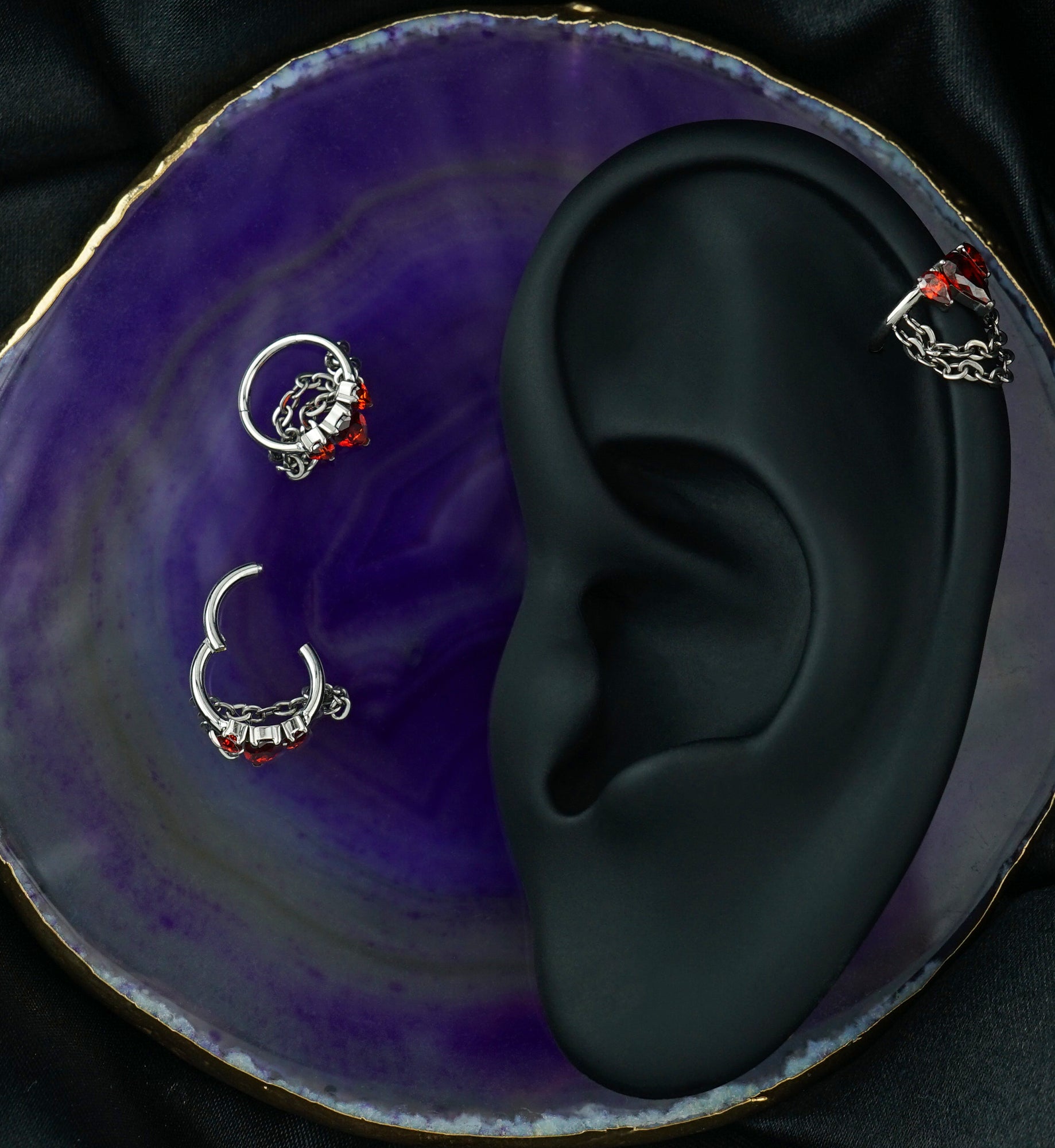 Side-Facing Triple Red CZ Dangle Chain Titanium Hinged Segment Ring