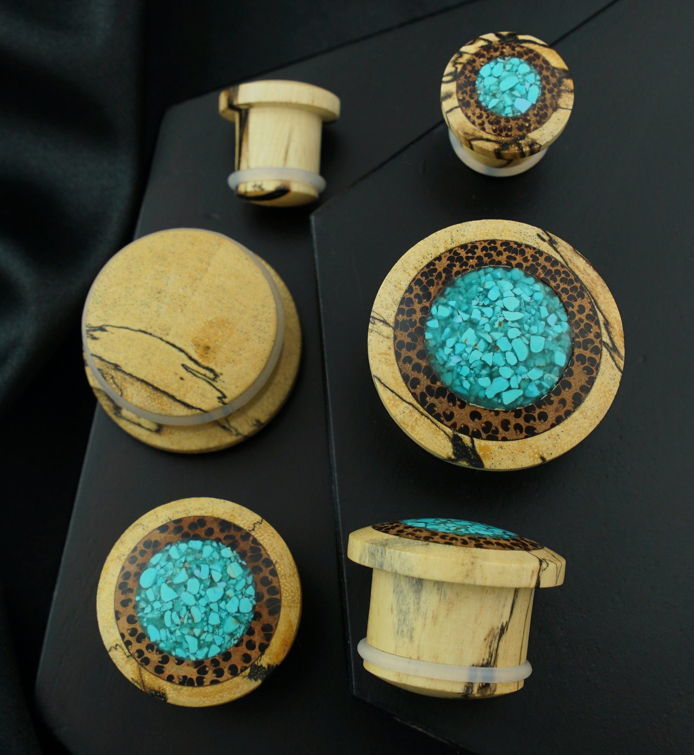 Single Flare Tamarind Wood Plugs with Coconut & Turquoise Inlay
