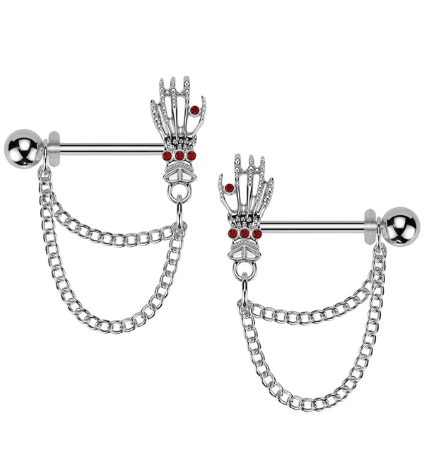 Skeleton Hand Red CZ Dangle Chain Stainless Steel Nipple Barbell