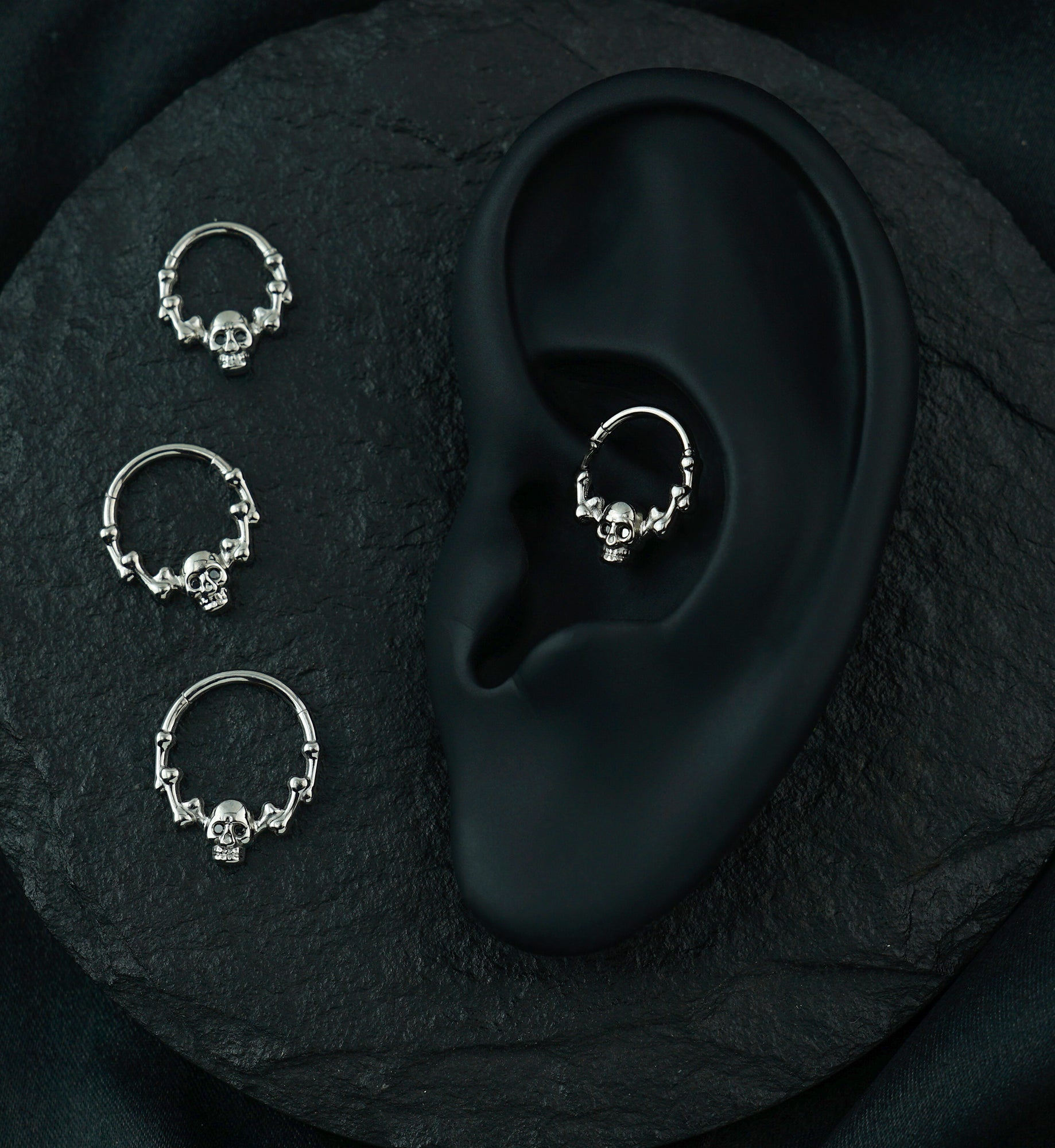 Skull And Bones Black CZ Titanium Hinged Segment Ring