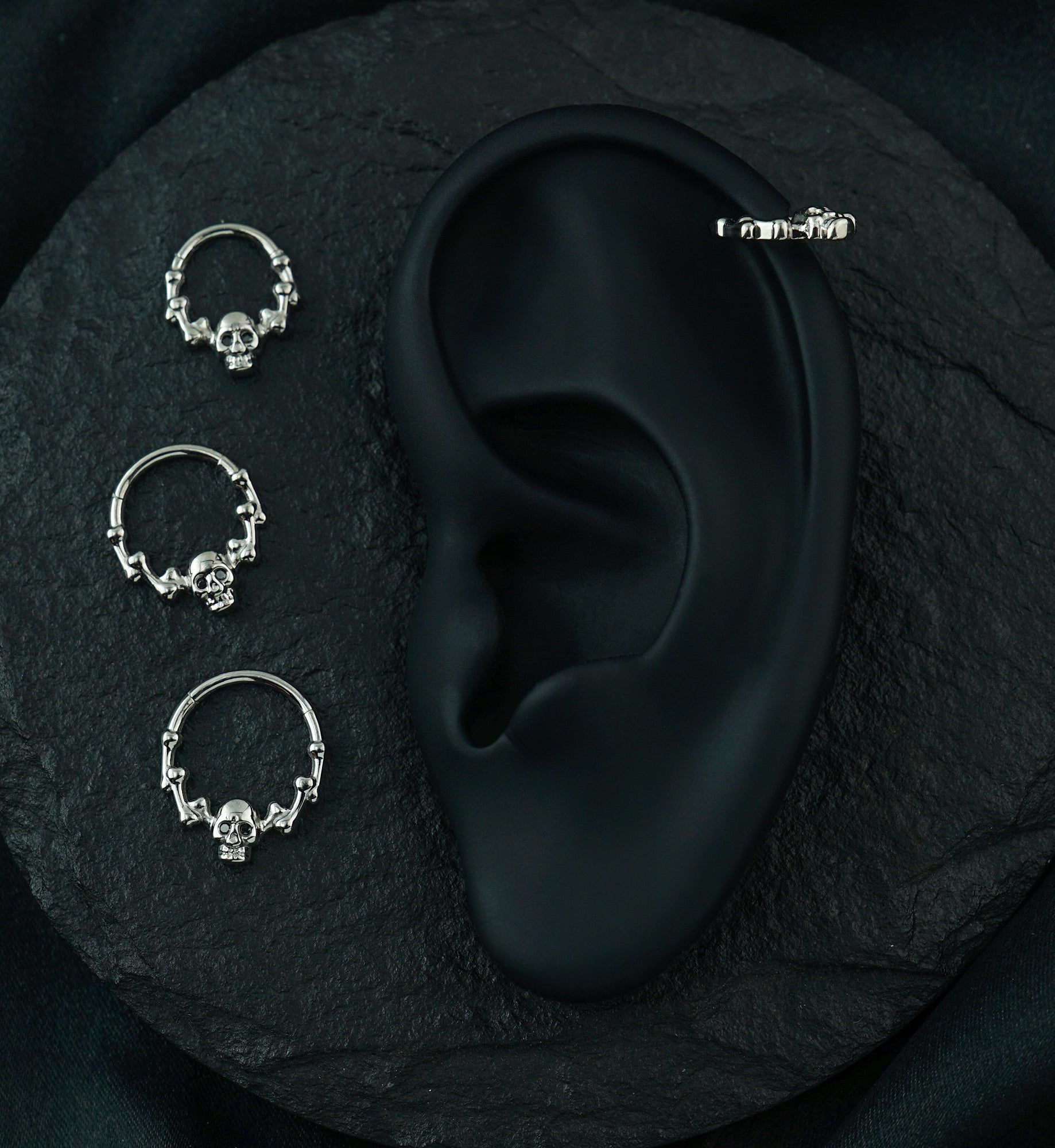 Skull And Bones Black CZ Titanium Hinged Segment Ring