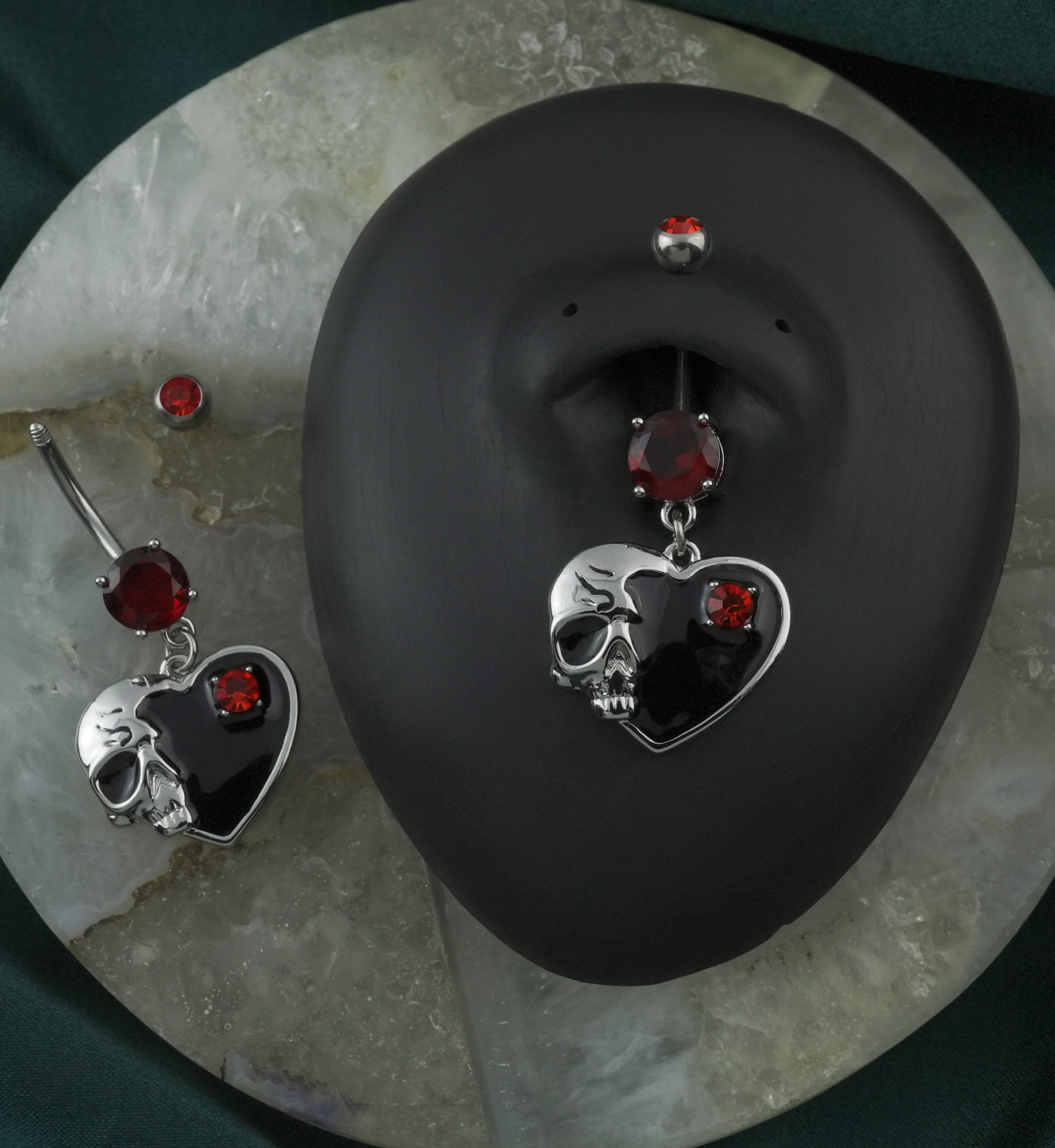 Skull Black Heart Red CZ Stainless Steel Belly Button Ring