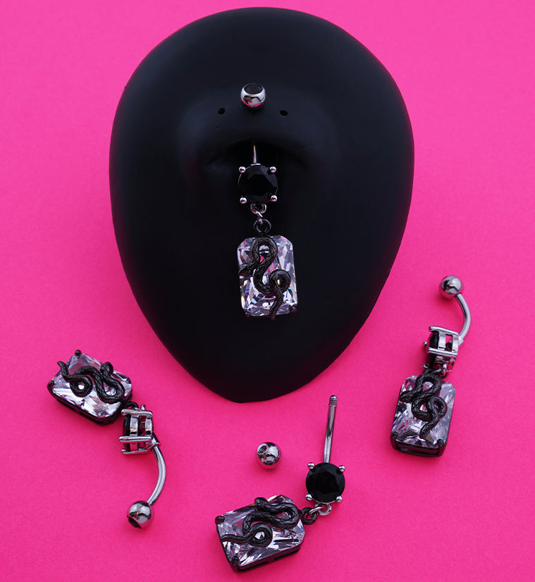 Snake Block Dangling Clear and Black CZ Stainless Steel Belly Button Ring
