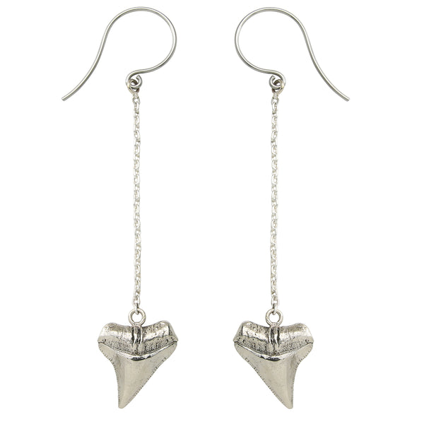 Solid White Brass Shark Tooth Dangle Chain Earrings