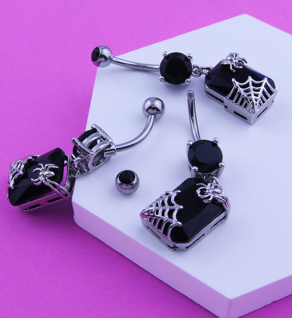 Spider And Web Black CZ Stainless Steel Belly Button Ring