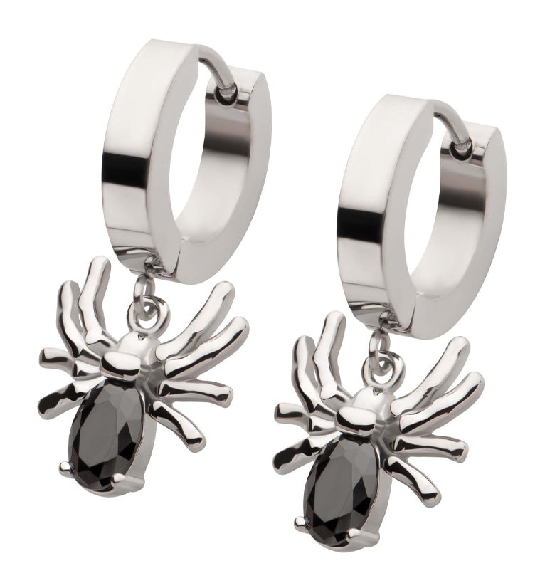 Spider Black CZ Stainless Steel Hoop Huggie Earrings
