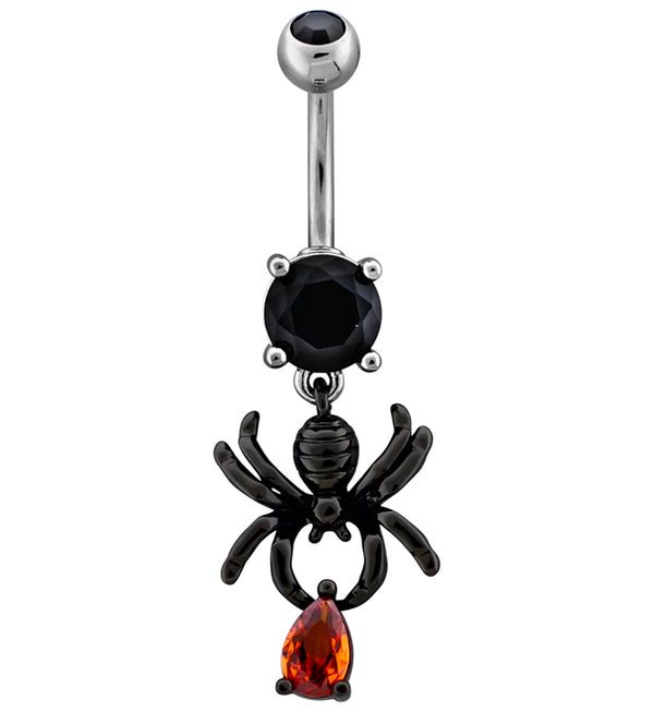 Black PVD Spider Dangle Teardrop Red CZ Stainless Steel Belly Button Ring
