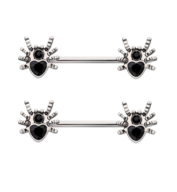 Spider Heart Black CZ Stainless Steel Nipple Barbell