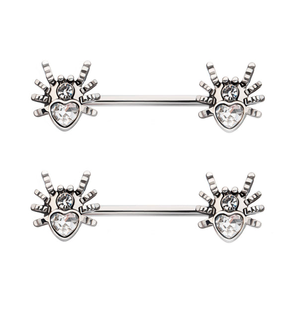 Spider Heart Clear CZ Stainless Steel Nipple Barbell