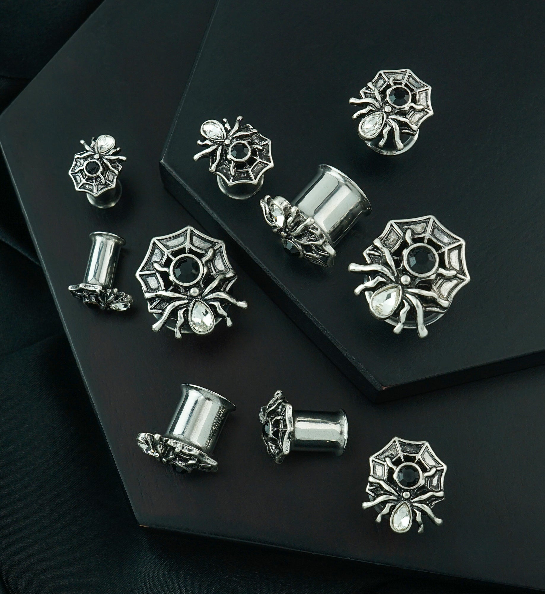 Spider On Web CZ Stainless Steel Double Flare Tunnels