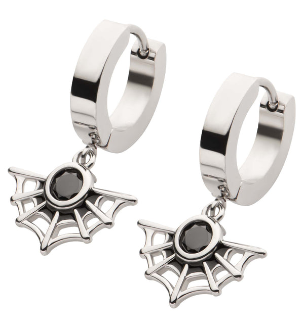 Spiderweb Black CZ Stainless Steel Hoop Huggie Earrings