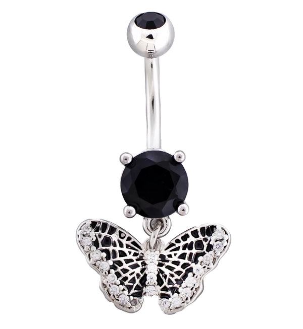 Spiderweb Butterfly Black CZ Dangle Stainless Steel Belly Button Ring