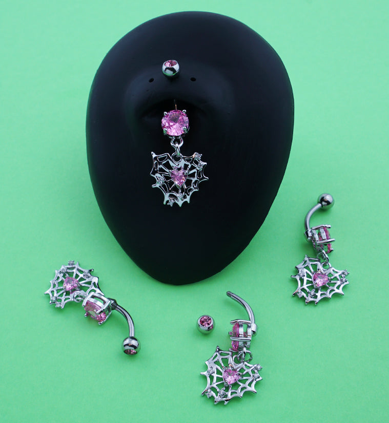 Spiderweb Heart Pink CZ Dangle Stainless Steel Belly Button Ring