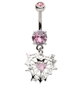 Spiderweb Heart Pink CZ Dangle Stainless Steel Belly Button Ring
