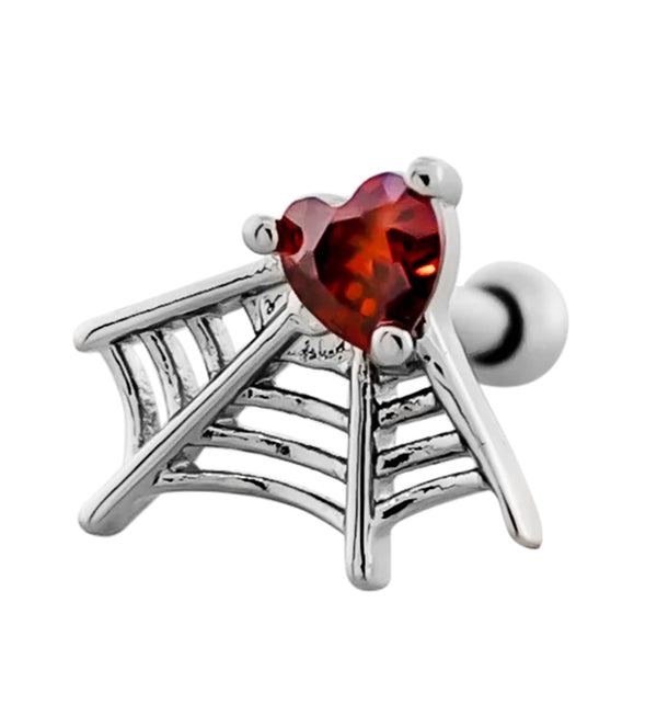 Spiderweb Heart Red CZ Stainless Steel Cartilage Barbell