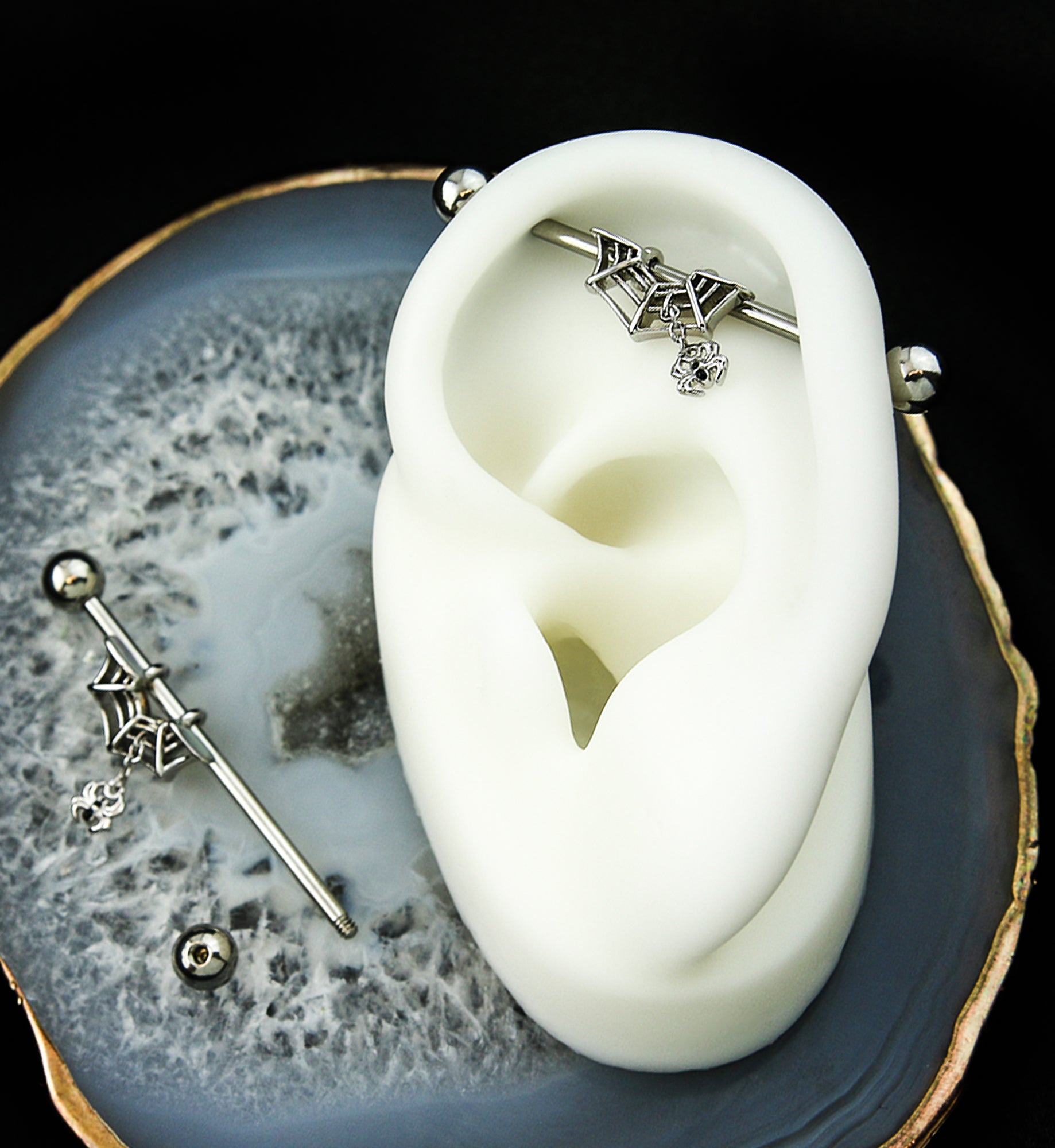 Spiderweb With Spider Dangle Stainless Steel Industrial Barbell