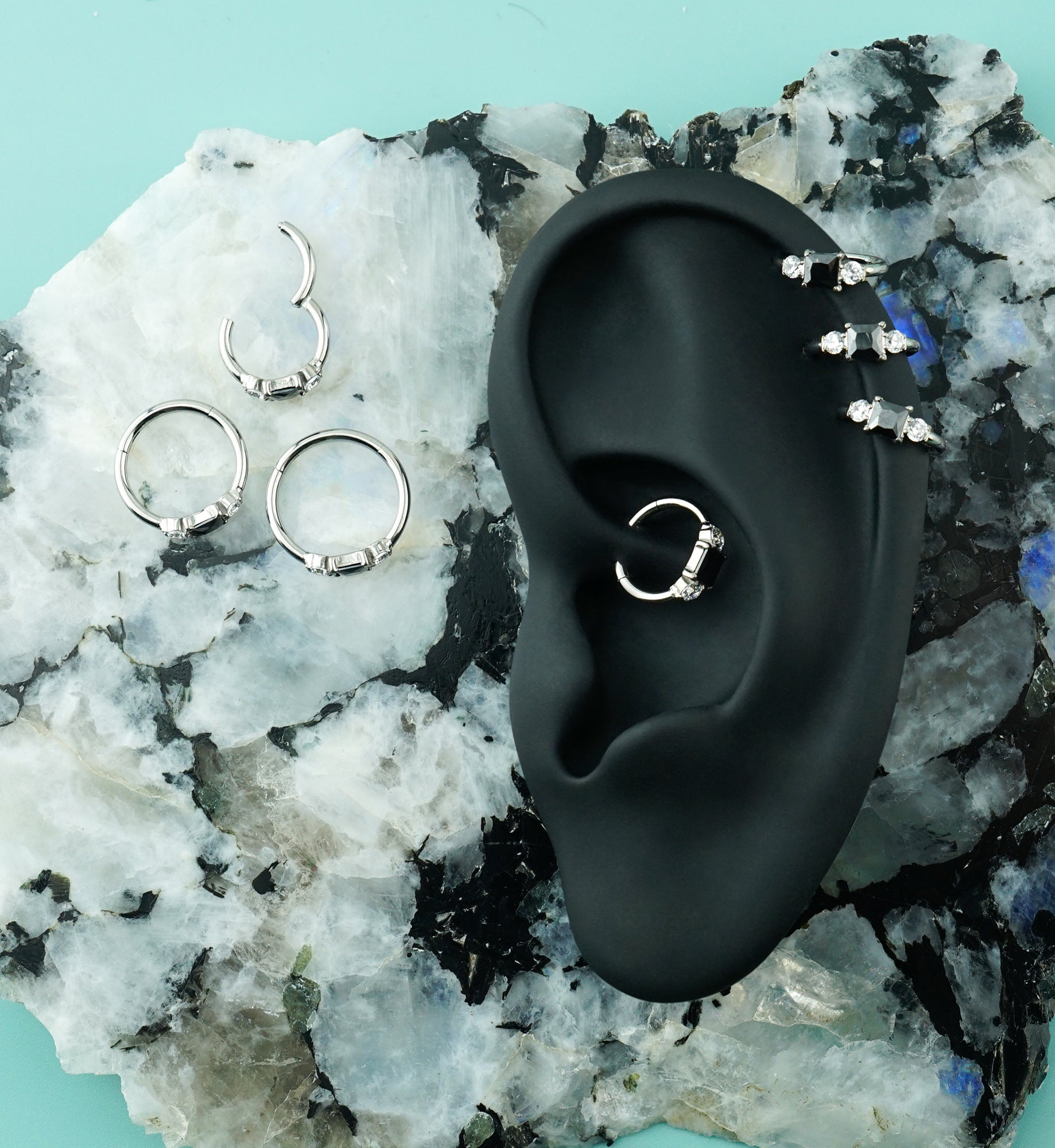 Square And Round Black CZ Titanium Hinged Segment Ring