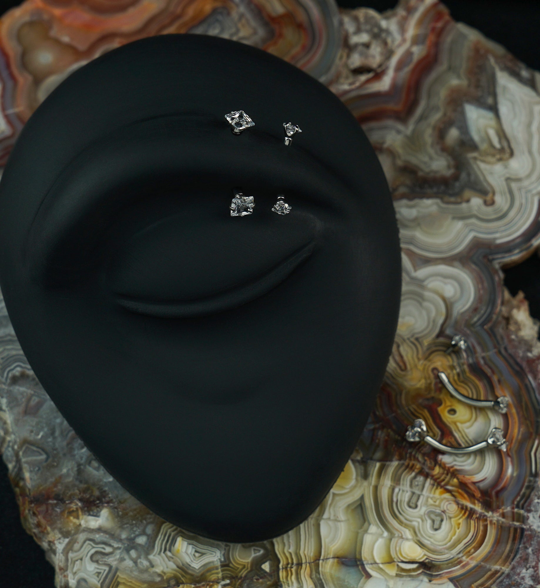 Square CZ Internally Threaded Curved Barbell