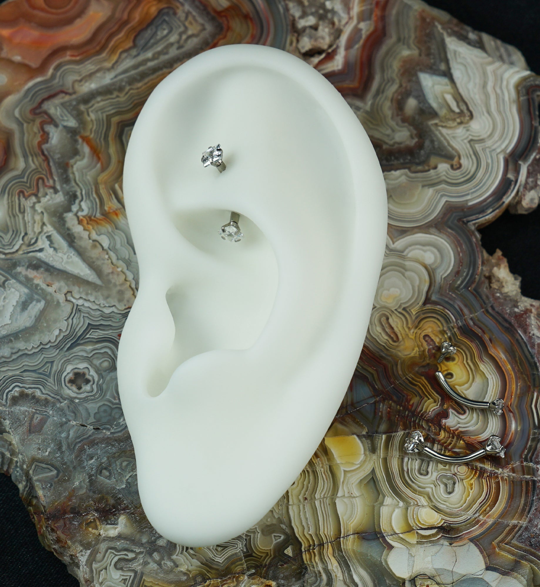 Square CZ Internally Threaded Curved Barbell