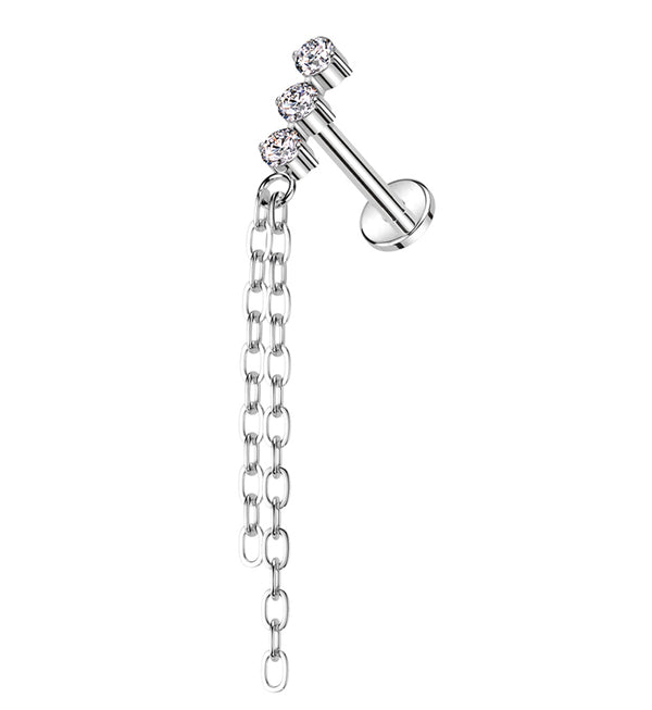 Stacked Triple Clear CZ Dangle Chains Titanium Internally Threaded Labret